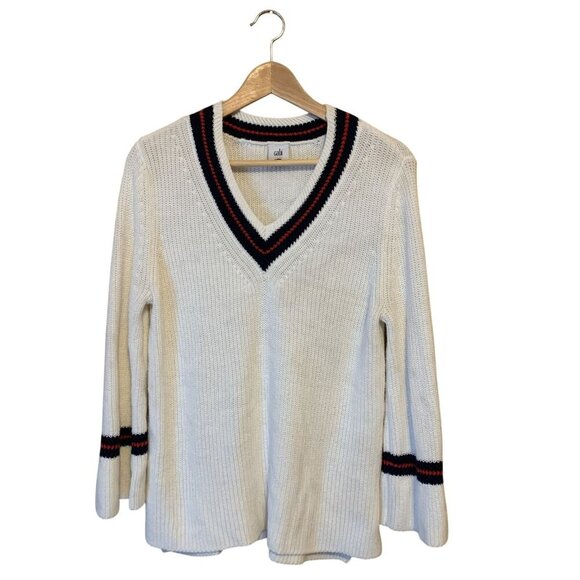 Cabi Womens Ace Pullover 5639 White Red Navy Knit V-Neck Sz M Yacht Tennis Money - Picture 1 of 11